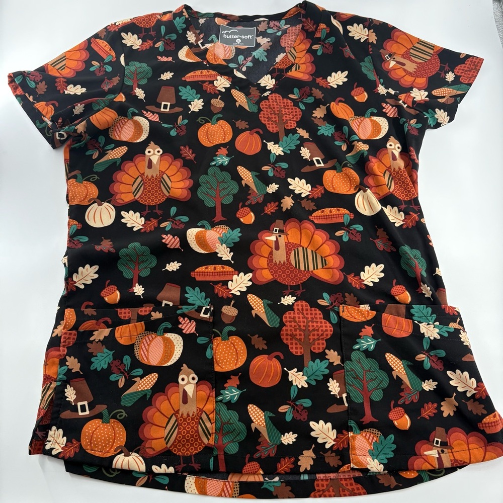 Buttersoft Thanksgiving Festive Fall Scrub Top Small